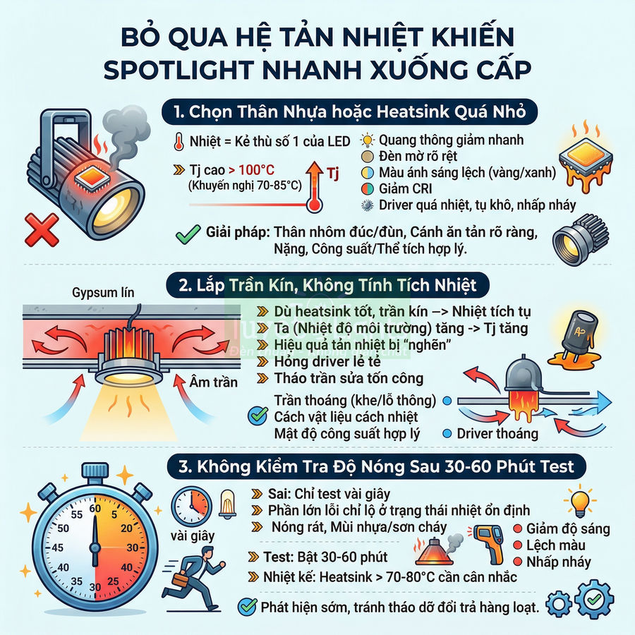 Infographic cảnh báo lỗi tản nhiệt khiến đèn LED spotlight âm trần nhanh xuống cấp và cách khắc phục
