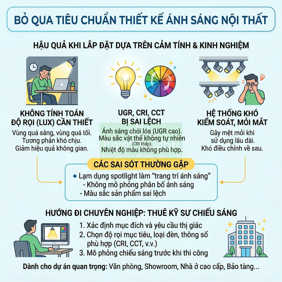 Infographic về các sai lầm khi thiết kế ánh sáng nội thất và hướng dẫn thuê kỹ sư chiếu sáng chuyên nghiệp