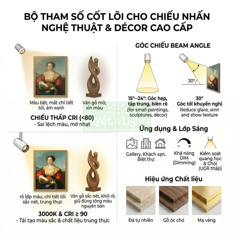 Infographic đèn rọi tranh nghệ thuật cao cấp, so sánh CRI thấp và CRI ≥ 90, góc chiếu và hiệu ứng chất liệu