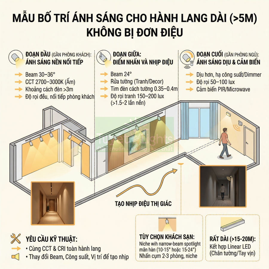 Mẫu bố trí đèn chiếu sáng cho hành lang dài với các vùng ánh sáng nền, điểm nhấn và cảm biến thông minh