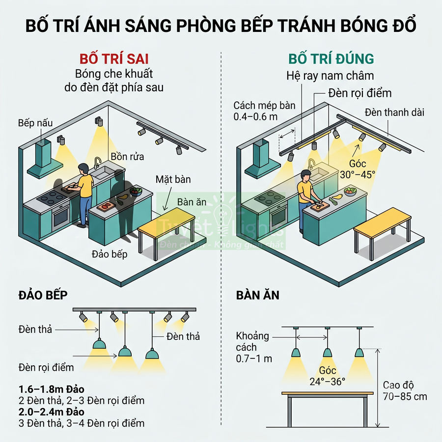 Sơ đồ bố trí đèn rọi điểm và đèn thả trong phòng bếp và bàn ăn để tránh bóng đổ
