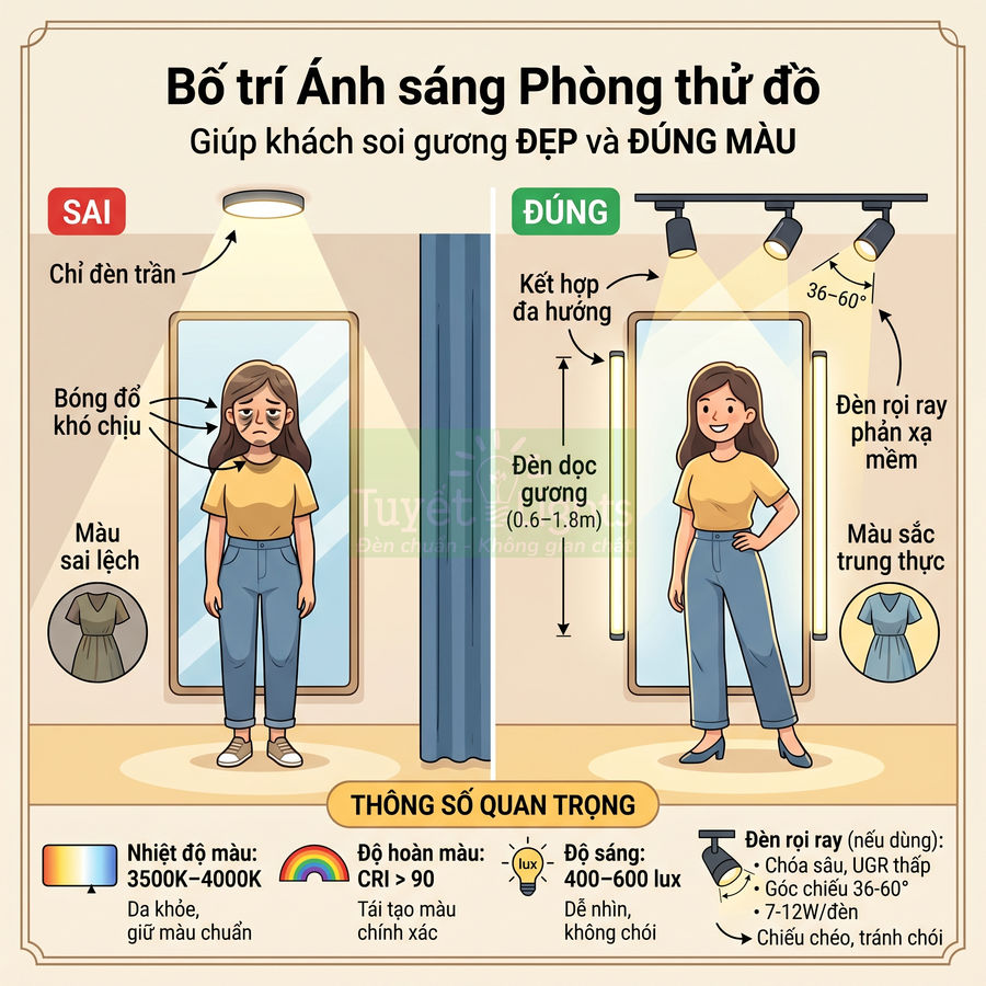 Hướng dẫn bố trí đèn rọi ray và đèn dọc gương cho phòng thử đồ giúp soi gương đẹp và đúng màu