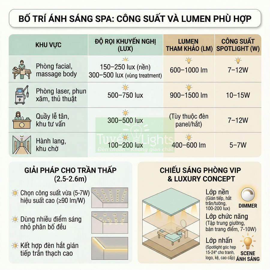 Bảng hướng dẫn bố trí đèn spa Tuyết Lights với độ rọi lux, lumen và công suất spotlight cho từng khu vực