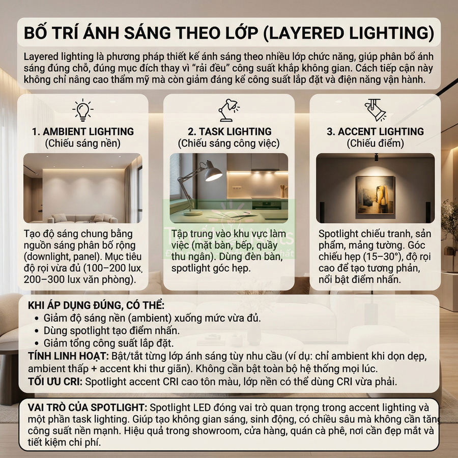 Hướng dẫn bố trí ánh sáng theo lớp với ví dụ chiếu sáng nền, chiếu sáng công việc và chiếu sáng điểm trong phòng khách hiện đại