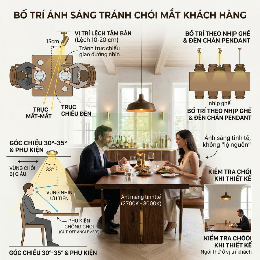 Hướng dẫn bố trí đèn chiếu sáng chống chói cho bàn ăn nhà hàng với đèn trần pendant hiện đại