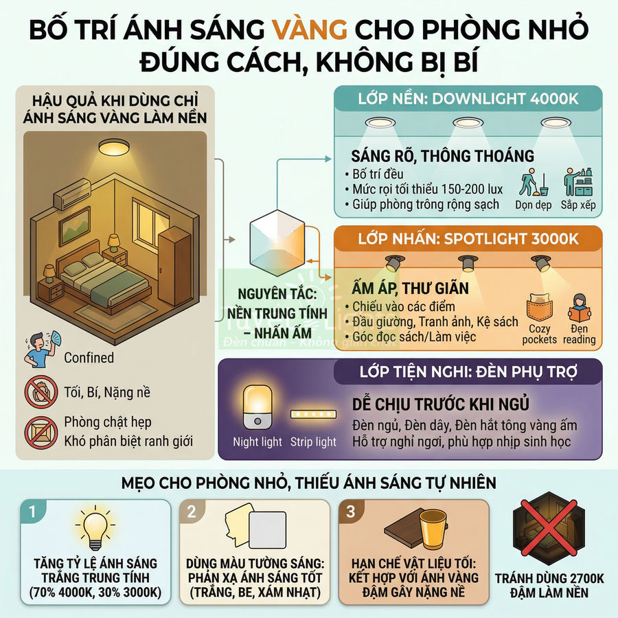 Infographic hướng dẫn bố trí đèn vàng 3000K 4000K cho phòng ngủ nhỏ với downlight spotlight và đèn phụ trợ