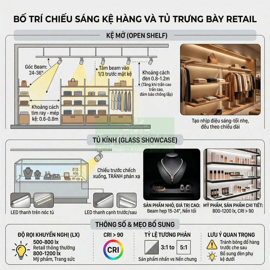Hướng dẫn bố trí đèn LED chiếu sáng kệ mở và tủ kính trưng bày sản phẩm retail trong cửa hàng
