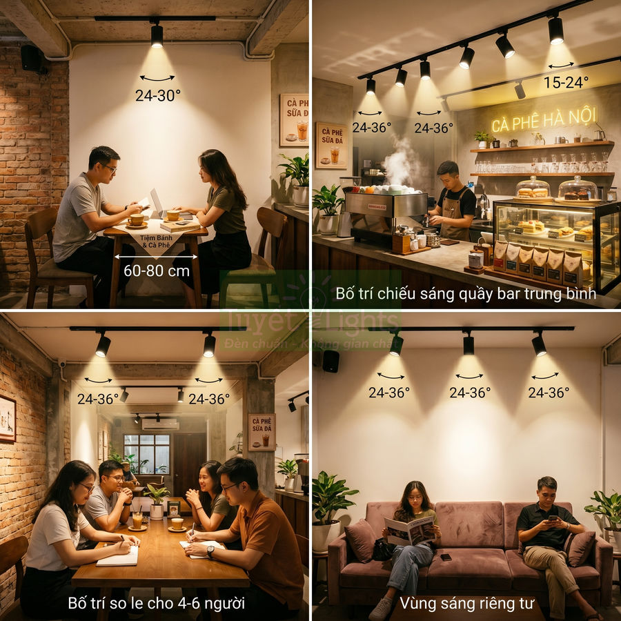 Bố trí đèn rọi ray chiếu sáng quán cà phê với bàn làm việc, quầy bar, bàn nhóm và ghế sofa riêng tư