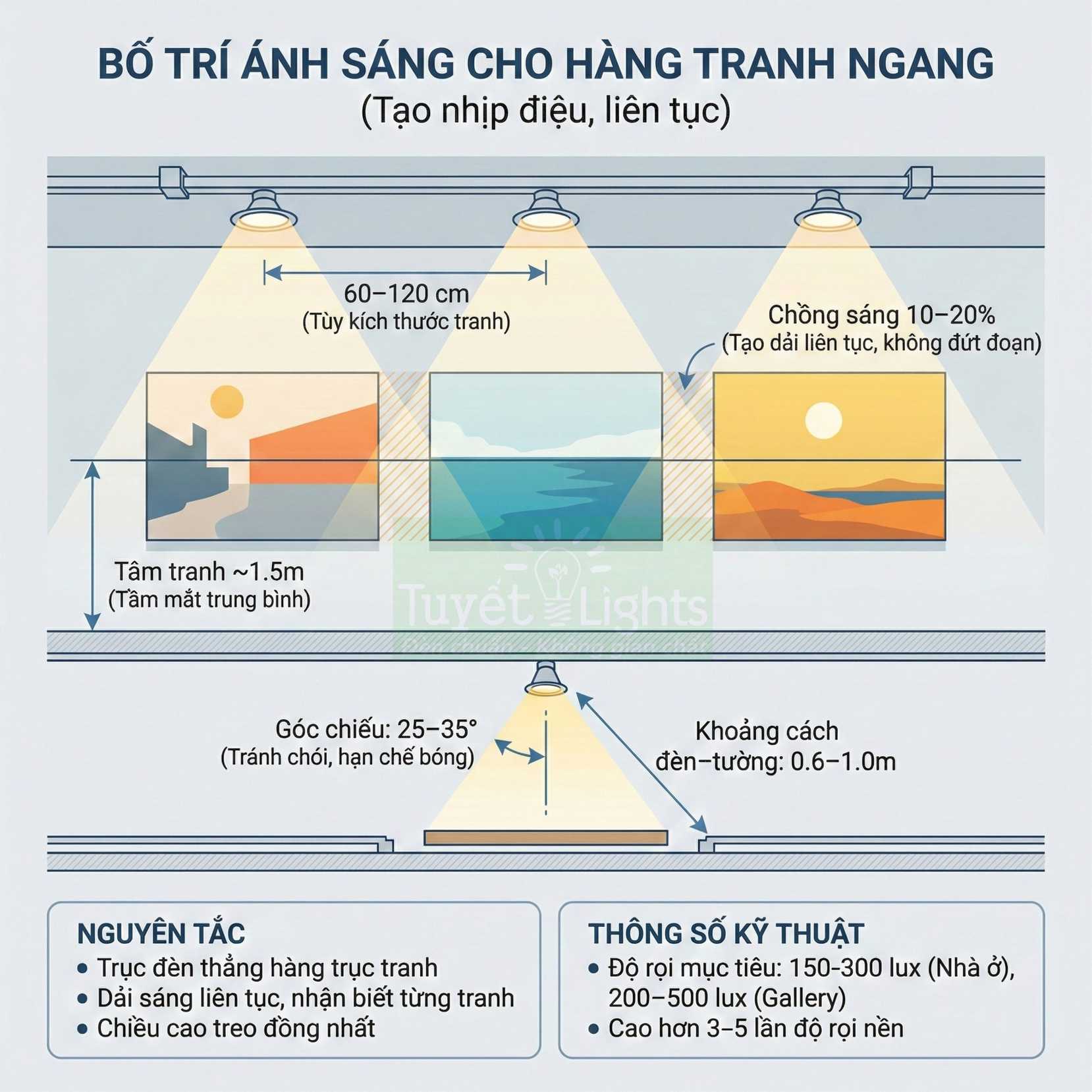 Hướng dẫn bố trí đèn chiếu sáng cho hàng tranh ngang trên tường với khoảng cách và góc chiếu chuẩn