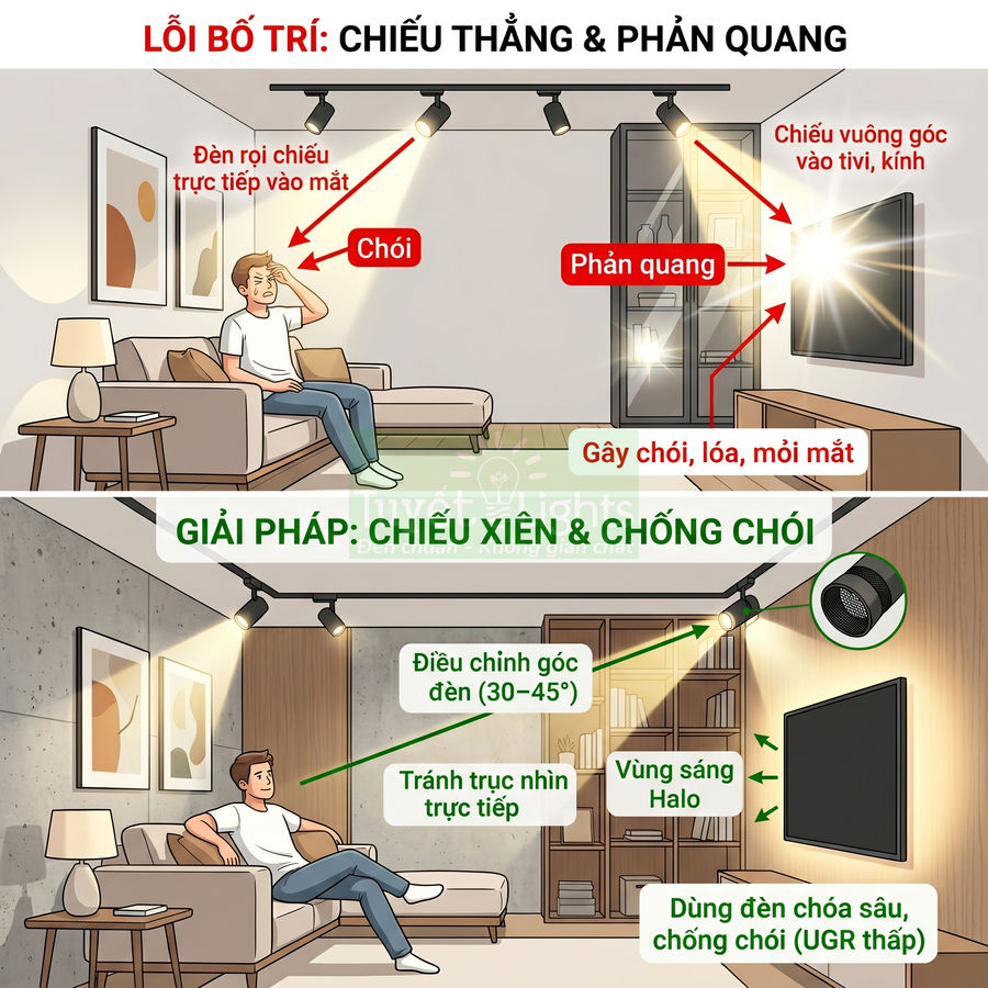 Minh họa cách bố trí đèn rọi ray trong phòng khách, so sánh chiếu thẳng gây chói và chiếu xiên chống chói cho tivi