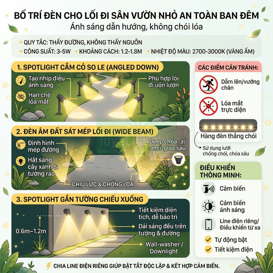 Sơ đồ bố trí đèn LED chiếu sáng lối đi sân vườn nhỏ an toàn ban đêm, ánh sáng vàng ấm chống chói