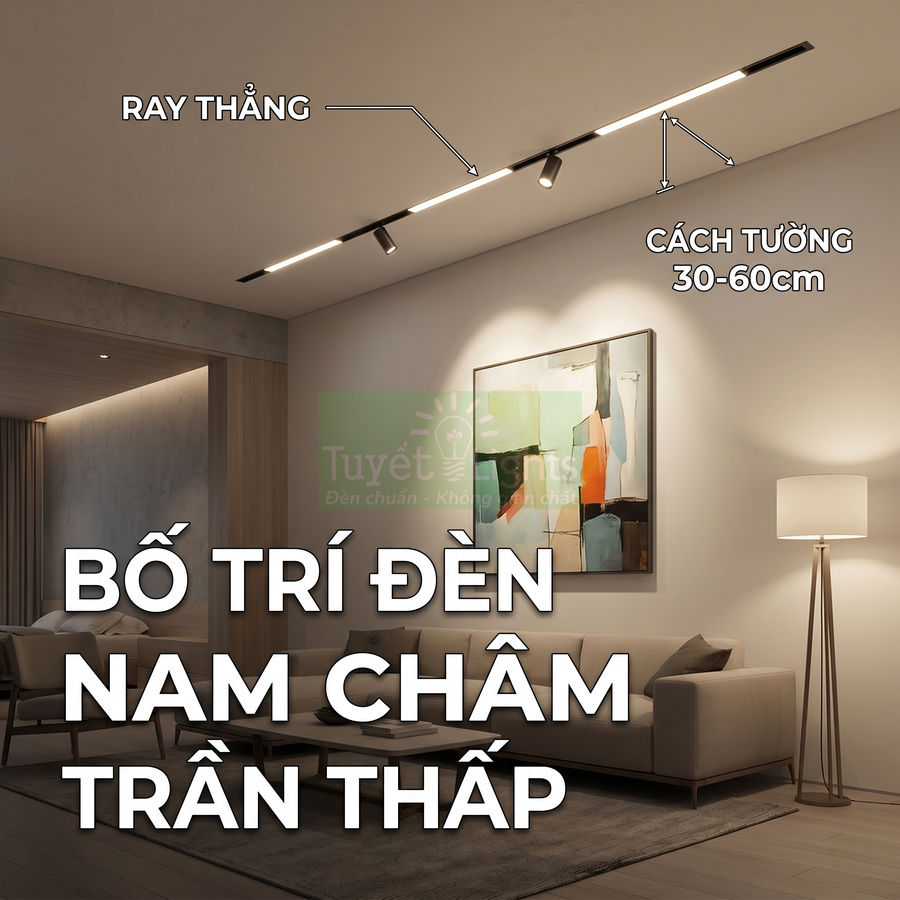 Bố trí đèn ray nam châm trần thấp chiếu sáng phòng khách hiện đại với sofa và tranh treo tường