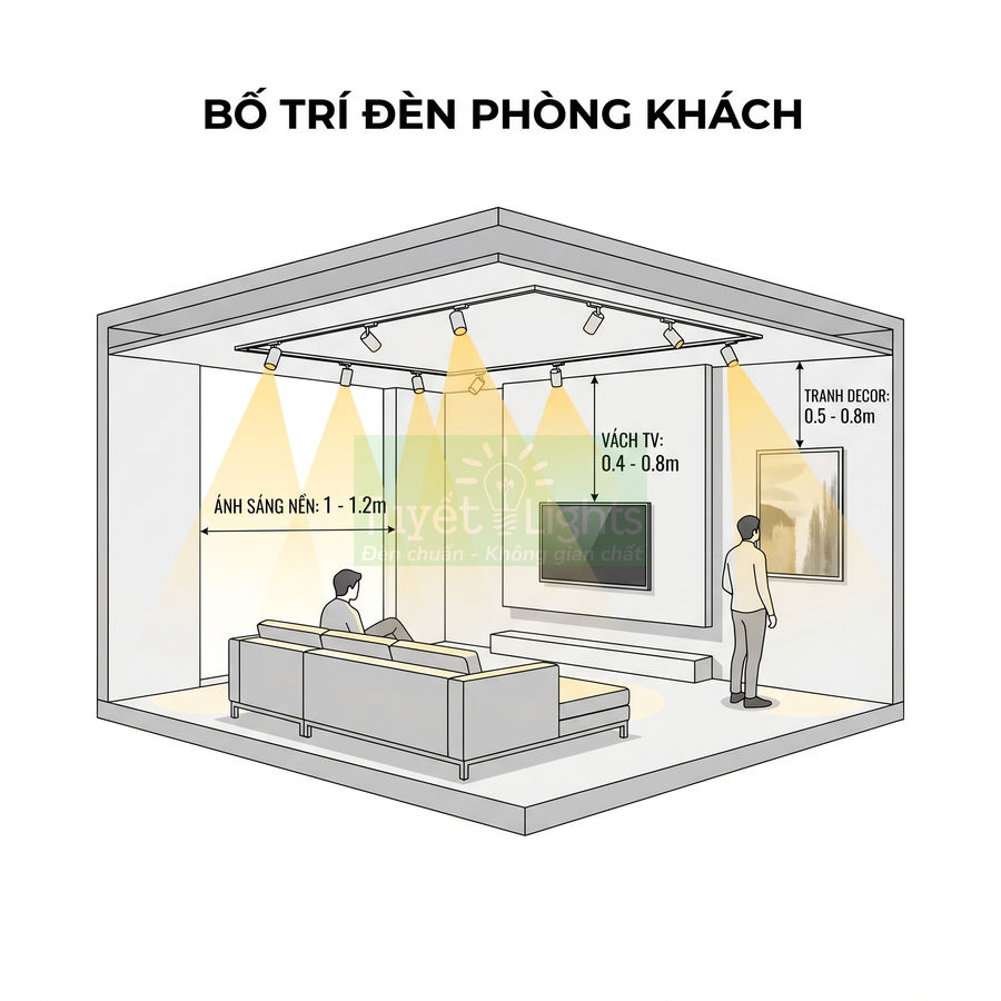 Sơ đồ bố trí đèn trần phòng khách chiếu sáng sofa, tivi và tranh treo tường