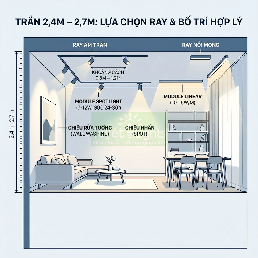 Sơ đồ bố trí ray đèn âm trần và ray nổi mỏng cho phòng khách liền bàn ăn trần cao 2,4 đến 2,7m