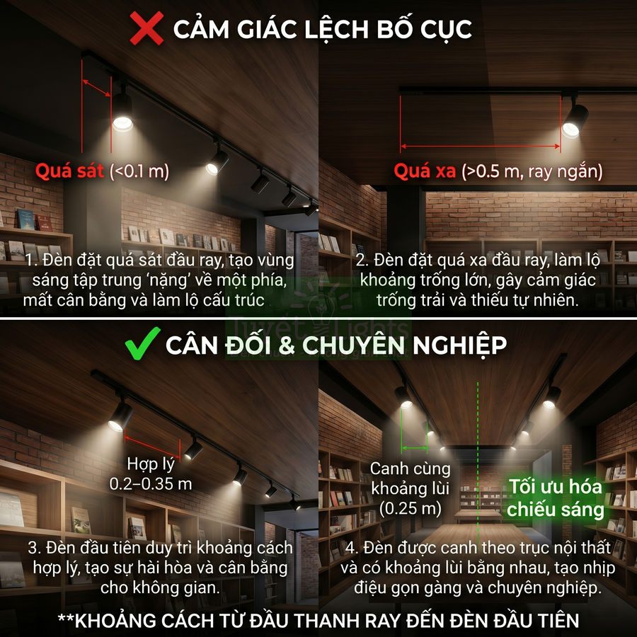 Đèn rọi ray đen lắp trần gỗ chiếu sáng kệ sách tường gạch, bố trí khoảng cách hợp lý cân đối không gian