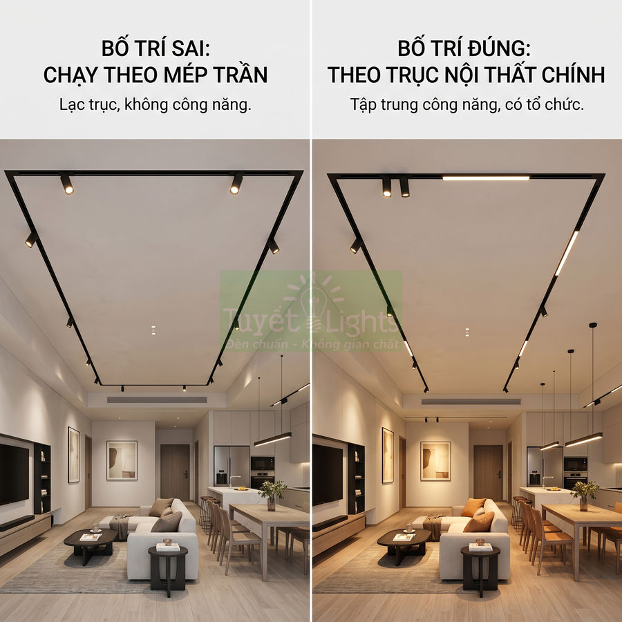 So sánh bố trí đèn ray nổi Tuyết Lights sai và đúng trong phòng khách liền bếp hiện đại