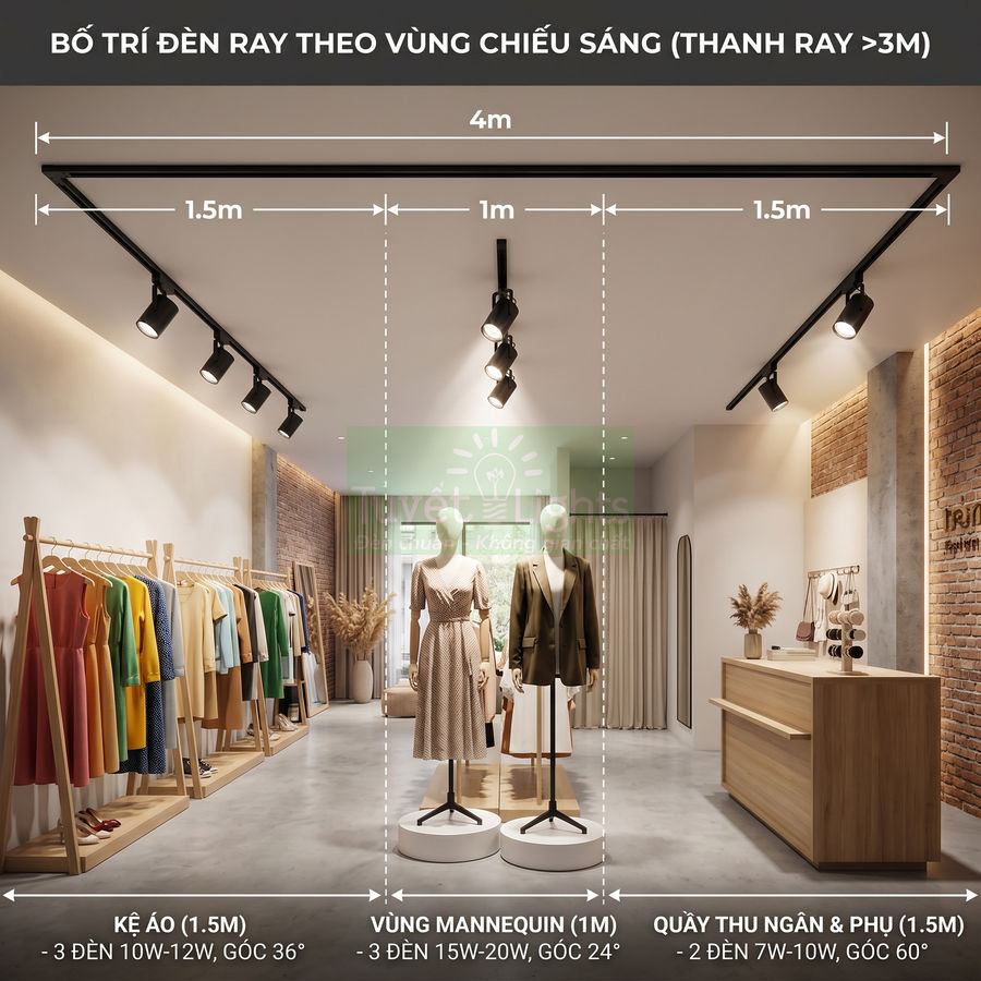 Bố trí đèn ray chiếu sáng cho shop quần áo với kệ treo đồ, mannequin và quầy thu ngân