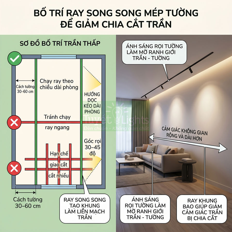 Sơ đồ bố trí ray đèn rọi trần song song mép tường và phòng khách với hệ ray đèn chiếu sáng tường