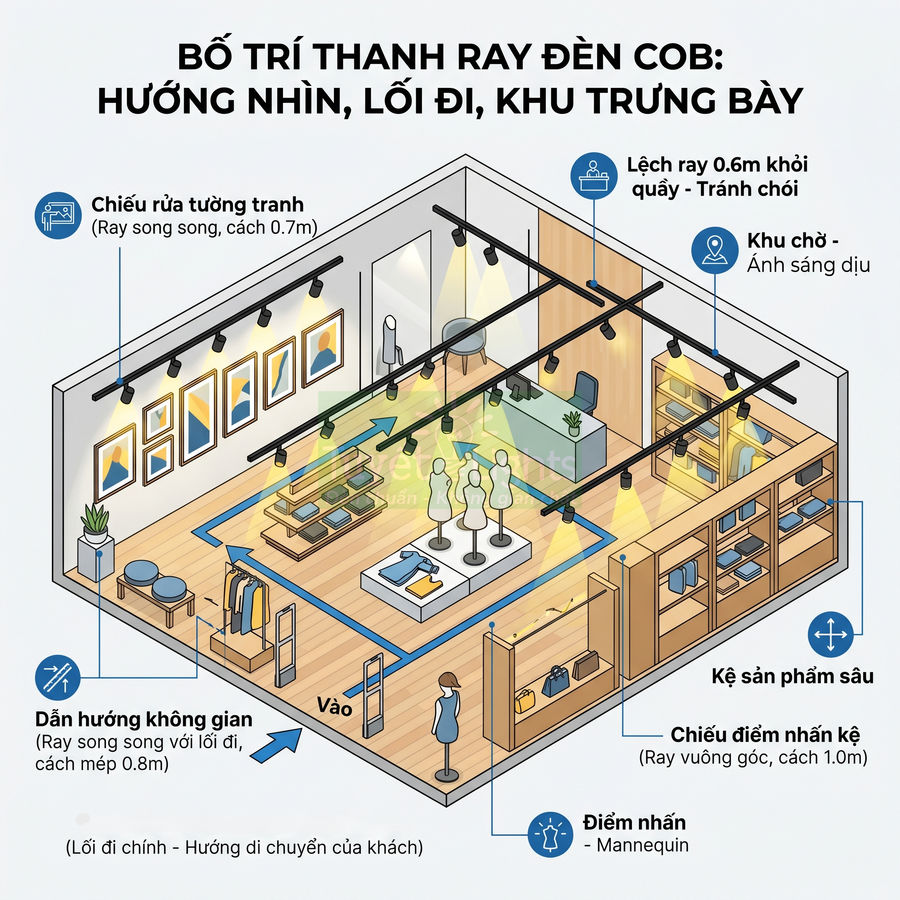 Sơ đồ bố trí thanh ray đèn COB chiếu sáng lối đi, tường tranh và kệ trưng bày trong cửa hàng thời trang