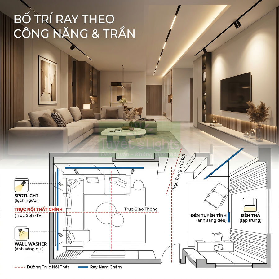 Phòng khách hiện đại với hệ thống đèn ray nam châm âm trần chiếu sáng sofa và kệ tivi