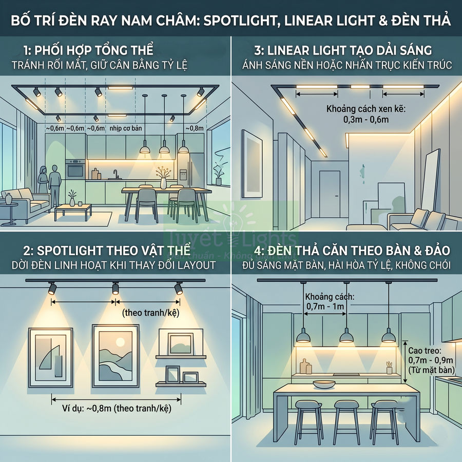 Hướng dẫn bố trí đèn ray nam châm spotlight, linear light và đèn thả cho phòng khách và bếp hiện đại