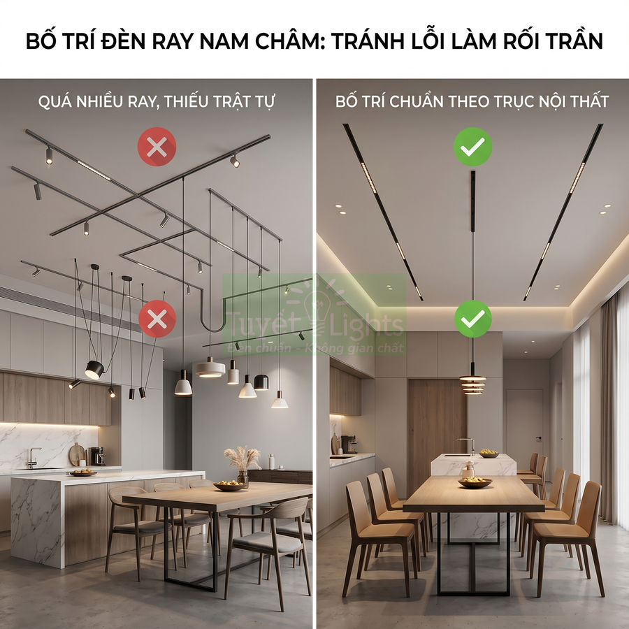 So sánh bố trí đèn ray nam châm trong phòng bếp, bên trái rối mắt, bên phải tối giản theo trục nội thất