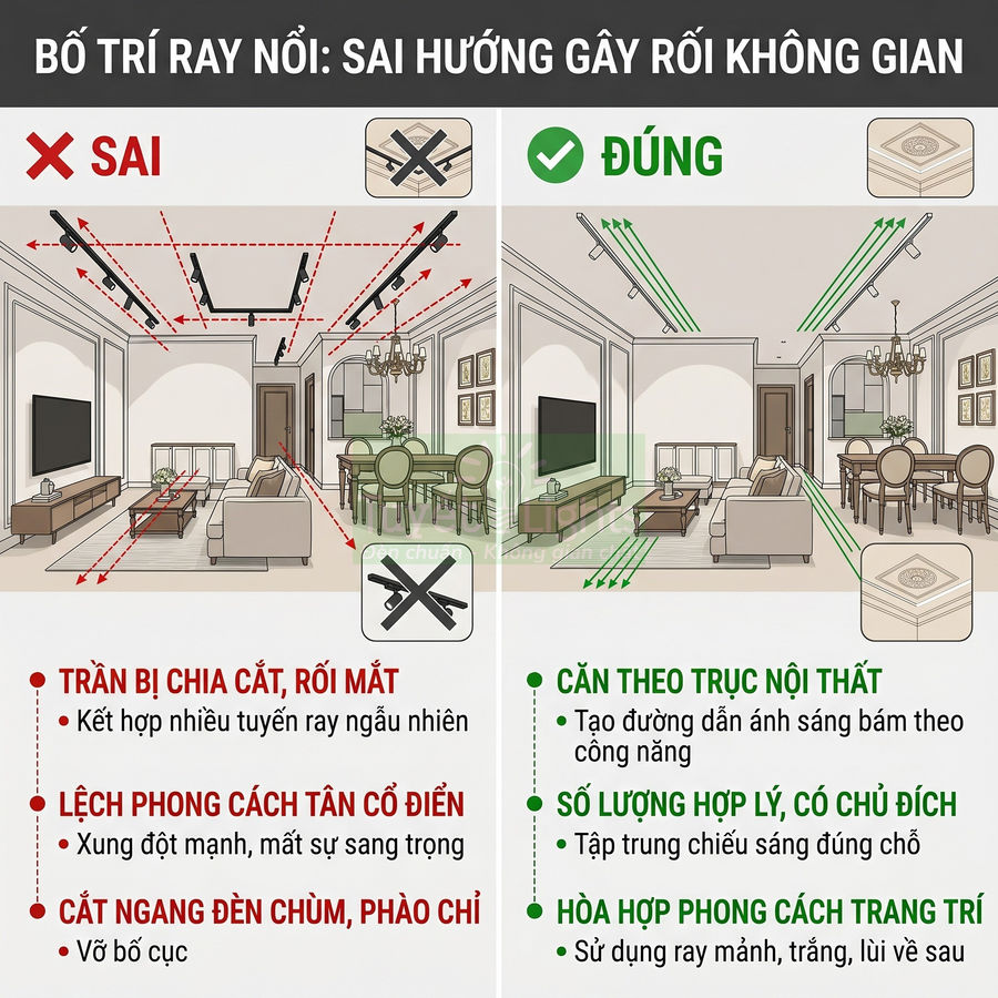 So sánh bố trí đèn ray nổi sai và đúng trong phòng khách liền bếp phong cách tân cổ điển