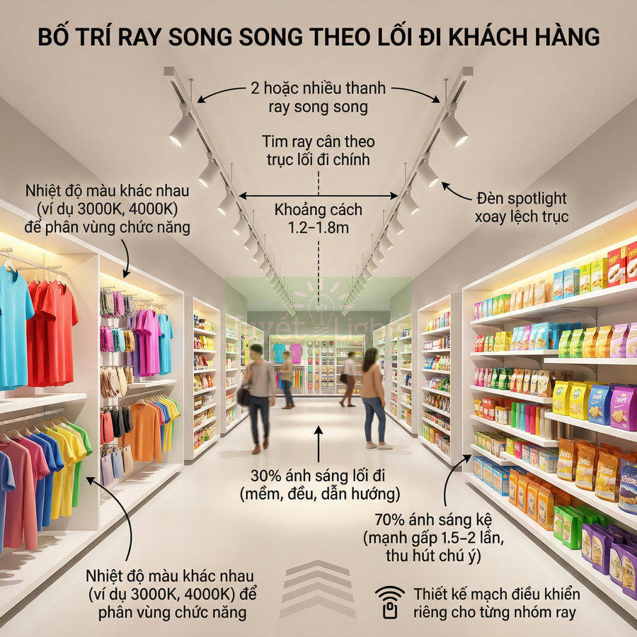 Bố trí đèn ray spotlight song song chiếu sáng lối đi và kệ hàng trong siêu thị thời trang và thực phẩm