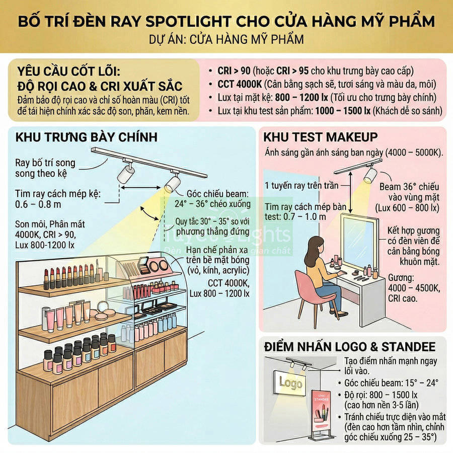 Bố trí đèn ray spotlight chiếu sáng kệ trưng bày mỹ phẩm, khu test makeup và khu logo standee trong cửa hàng