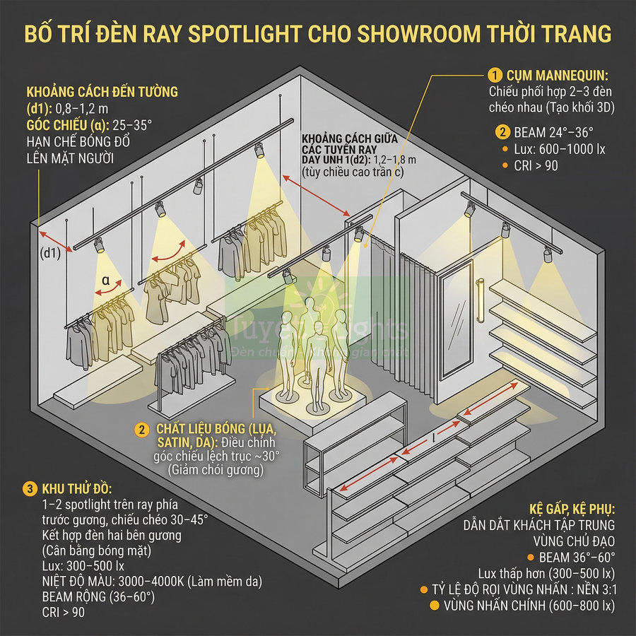 Sơ đồ bố trí đèn ray spotlight chiếu sáng showroom thời trang với mannequin, kệ trưng bày và khu thử đồ