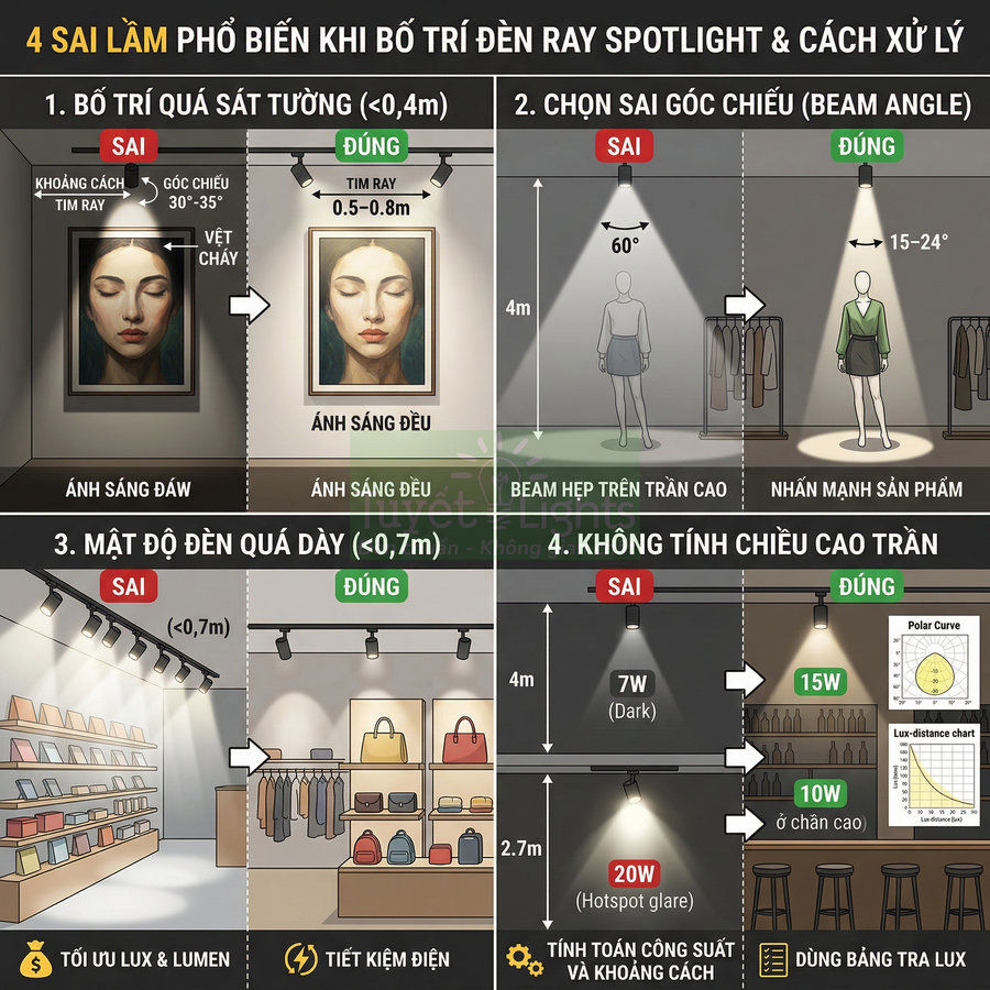 Hướng dẫn bố trí đèn ray spotlight đúng cách để chiếu sáng tranh và sản phẩm thời trang, túi xách, kệ trưng bày