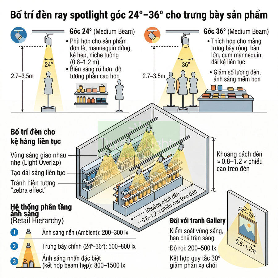 Sơ đồ bố trí đèn ray spotlight góc 24–36 độ chiếu sáng kệ trưng bày sản phẩm trong cửa hàng