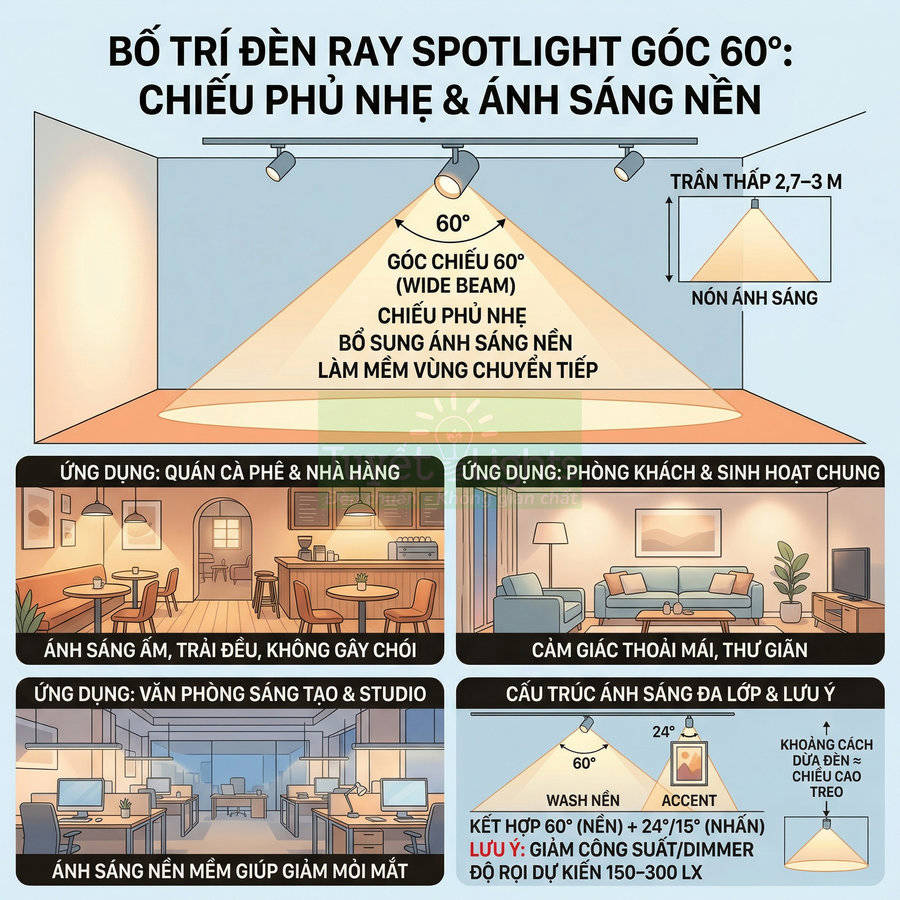 Sơ đồ bố trí đèn ray spotlight góc chiếu 60 độ cho quán cà phê, phòng khách, văn phòng và studio