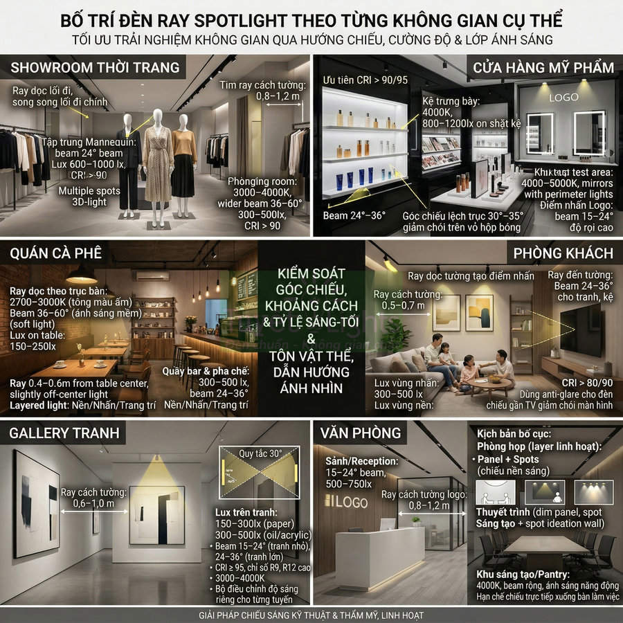 Bố trí đèn ray spotlight cho showroom thời trang, quán cà phê, văn phòng, phòng khách, gallery tranh và cửa hàng mỹ phẩm