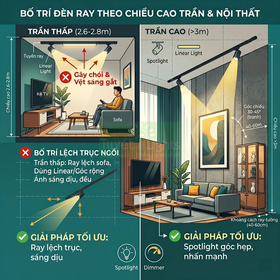 Hướng dẫn bố trí đèn ray spotlight và linear light cho phòng khách trần thấp và trần cao