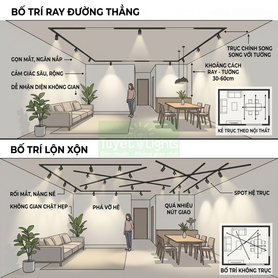 So sánh bố trí đèn ray chiếu sáng thẳng hàng và lộn xộn trong phòng khách liền bếp