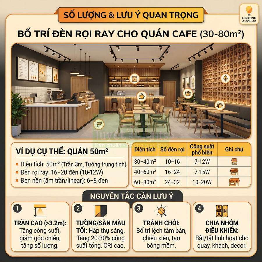 Bố trí đèn rọi ray cho quán cafe hiện đại diện tích 30 đến 80m2 với nội thất gỗ ấm cúng