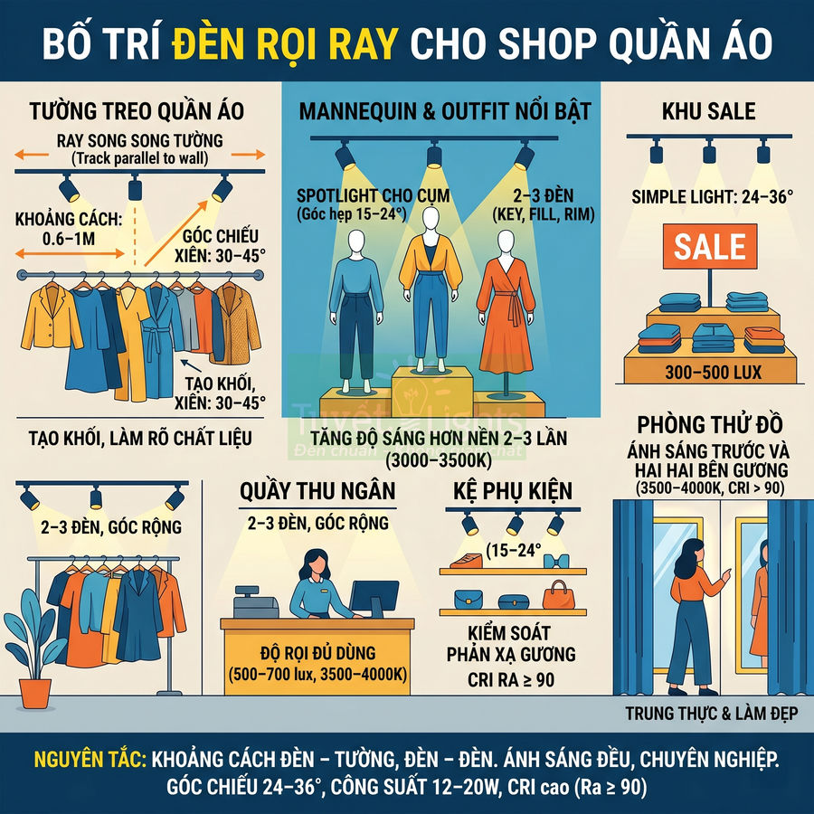 Hướng dẫn bố trí đèn rọi ray cho shop quần áo với từng khu vực trưng bày và thông số chiếu sáng chi tiết