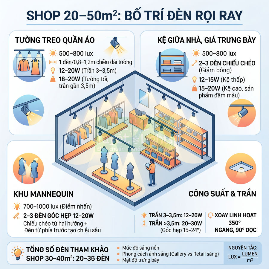 Sơ đồ bố trí đèn rọi ray cho shop thời trang 20–50m2 với tường treo quần áo, kệ trưng bày và khu mannequin