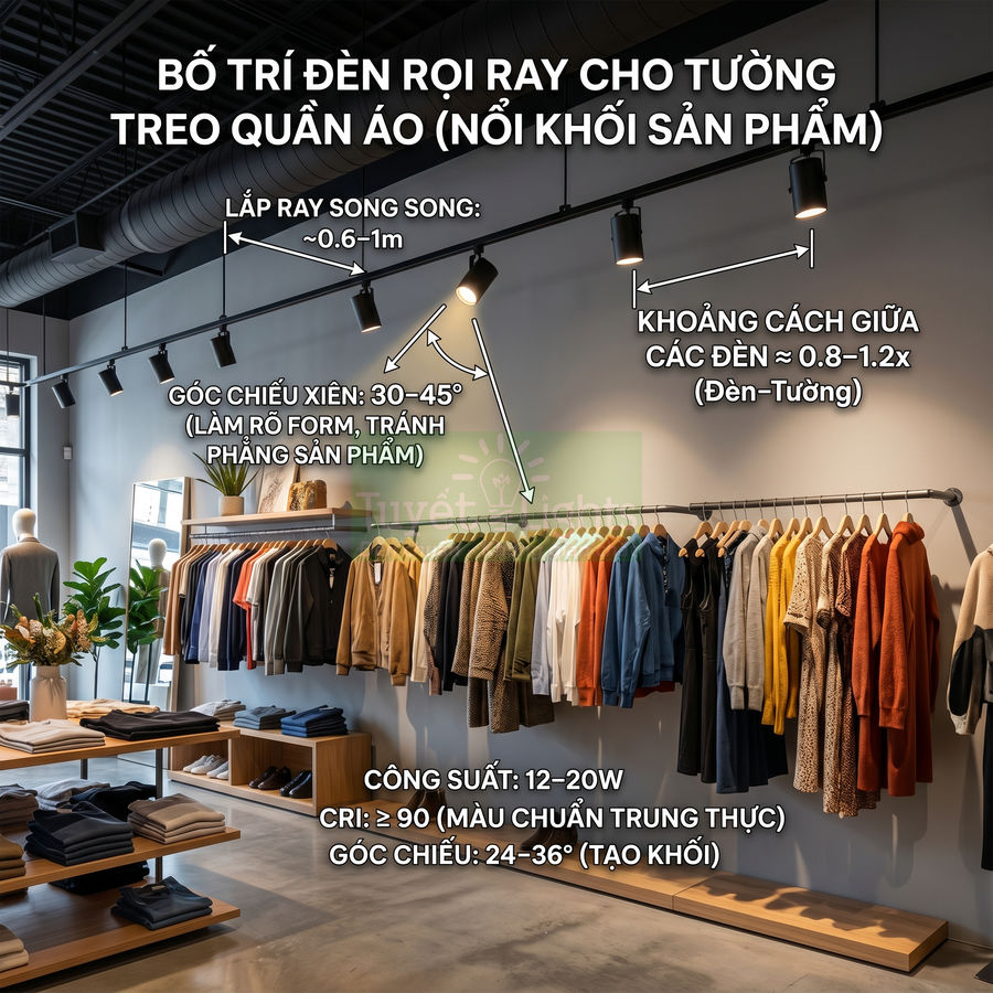 Bố trí đèn rọi ray chiếu sáng quần áo treo tường trong cửa hàng thời trang hiện đại