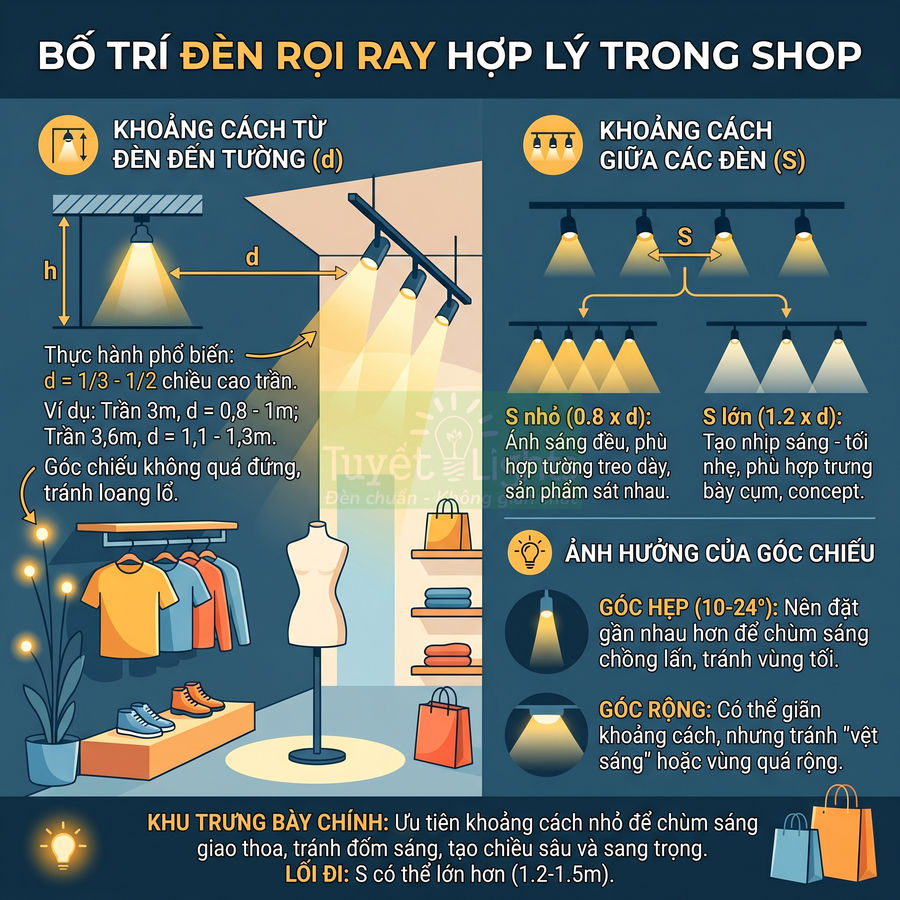 Infographic hướng dẫn bố trí đèn rọi ray trong shop thời trang với ma nơ canh và quần áo trưng bày
