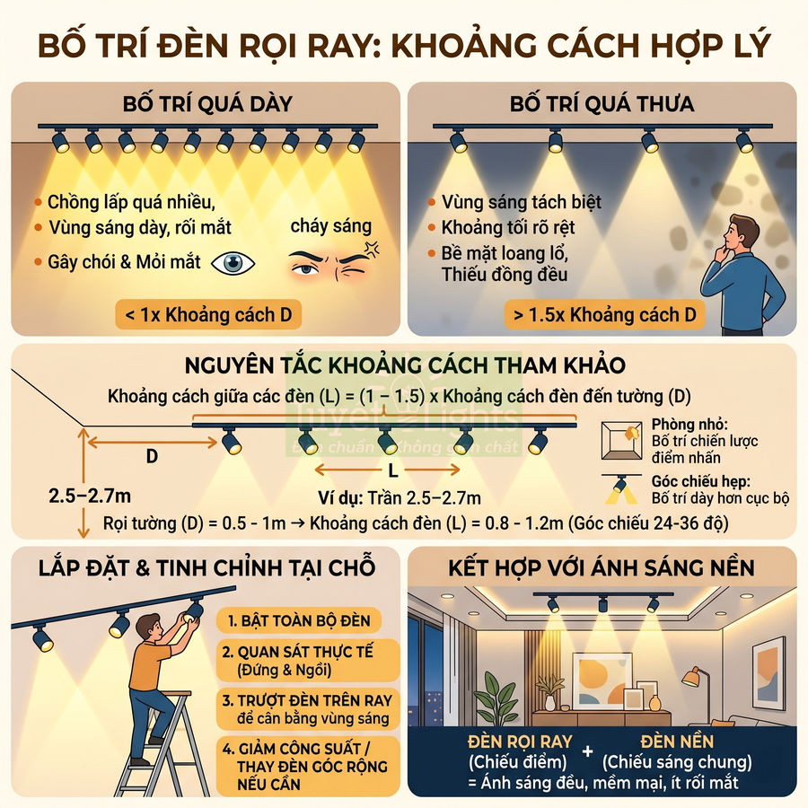 Hướng dẫn bố trí đèn rọi ray trong phòng khách với khoảng cách lắp đặt hợp lý và ánh sáng đồng đều