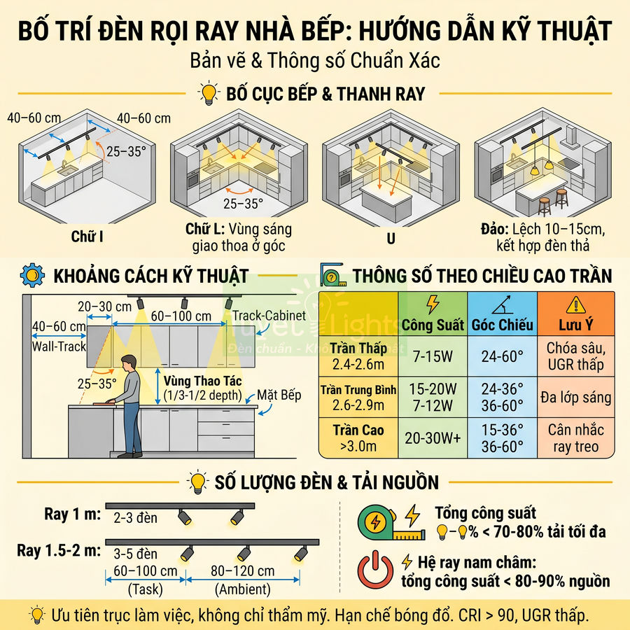 Hướng dẫn bố trí đèn rọi ray cho nhà bếp với bản vẽ minh họa khoảng cách, số lượng đèn và thông số kỹ thuật