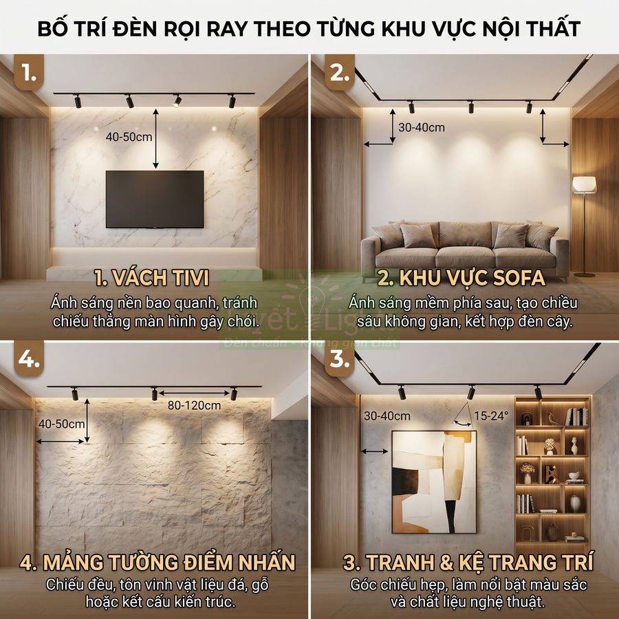 Bố trí đèn rọi ray chiếu sáng vách tivi, khu vực sofa, tranh treo tường và kệ trang trí trong phòng khách hiện đại
