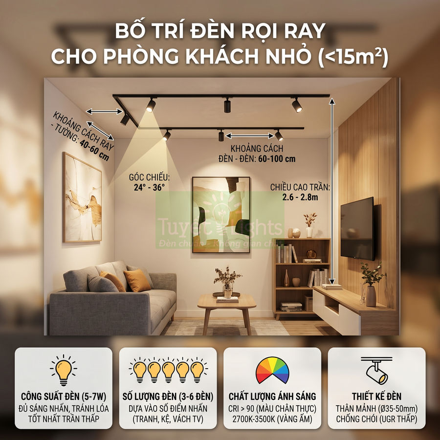 Bố trí đèn rọi ray trần cho phòng khách nhỏ với sofa, tranh treo tường và kệ tivi gỗ hiện đại