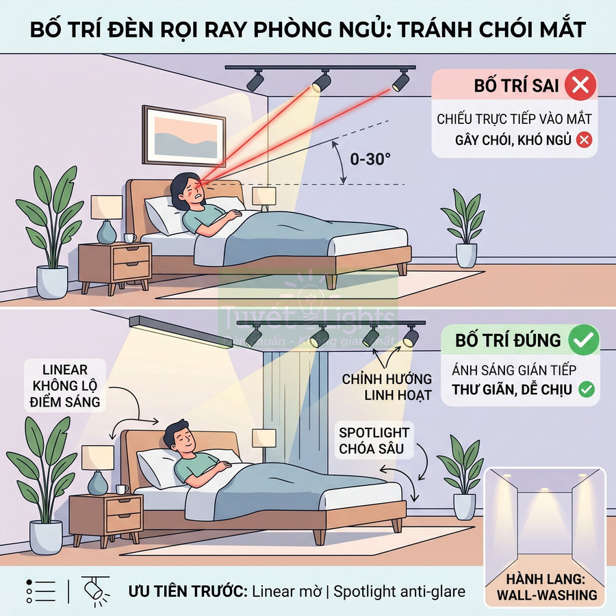 Minh họa cách bố trí đèn rọi ray phòng ngủ đúng và sai để tránh chói mắt, tạo ánh sáng gián tiếp dễ chịu