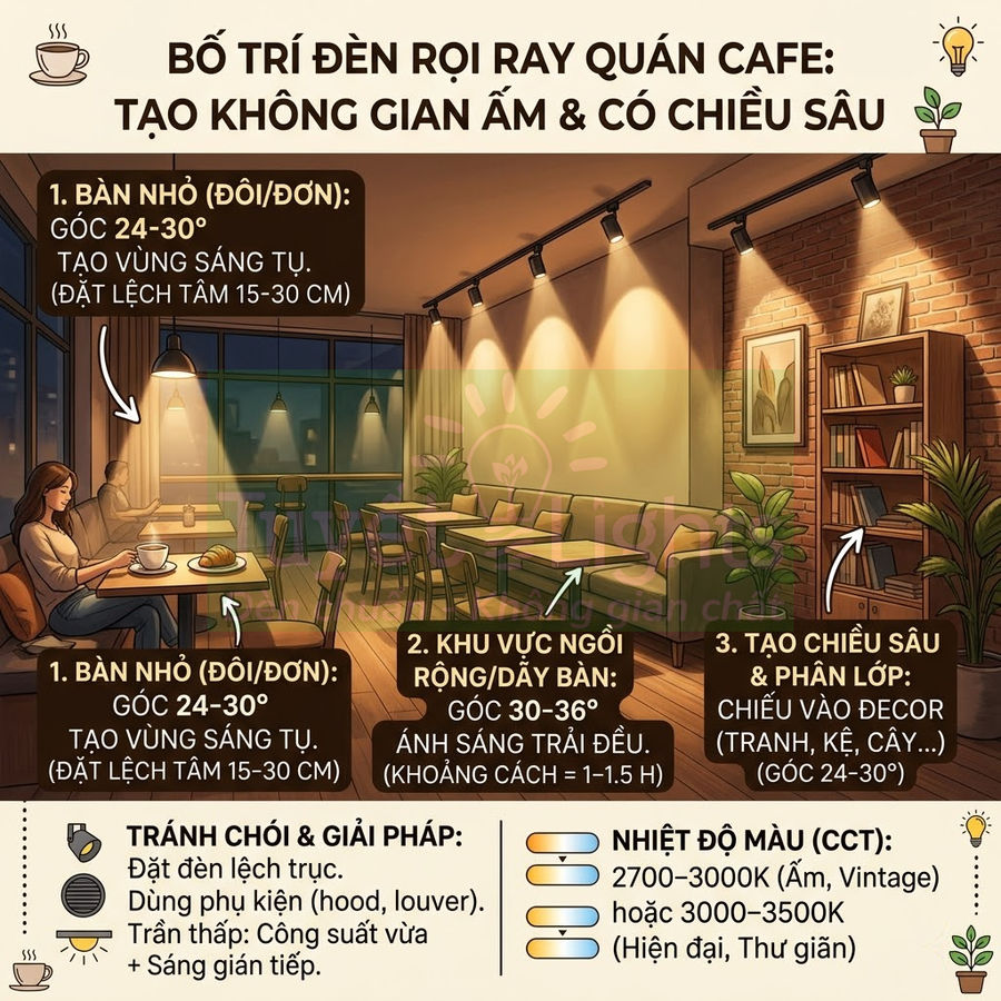 Bố trí đèn rọi ray cho quán cafe với bàn ghế, kệ sách và cây xanh tạo không gian ấm cúng có chiều sâu