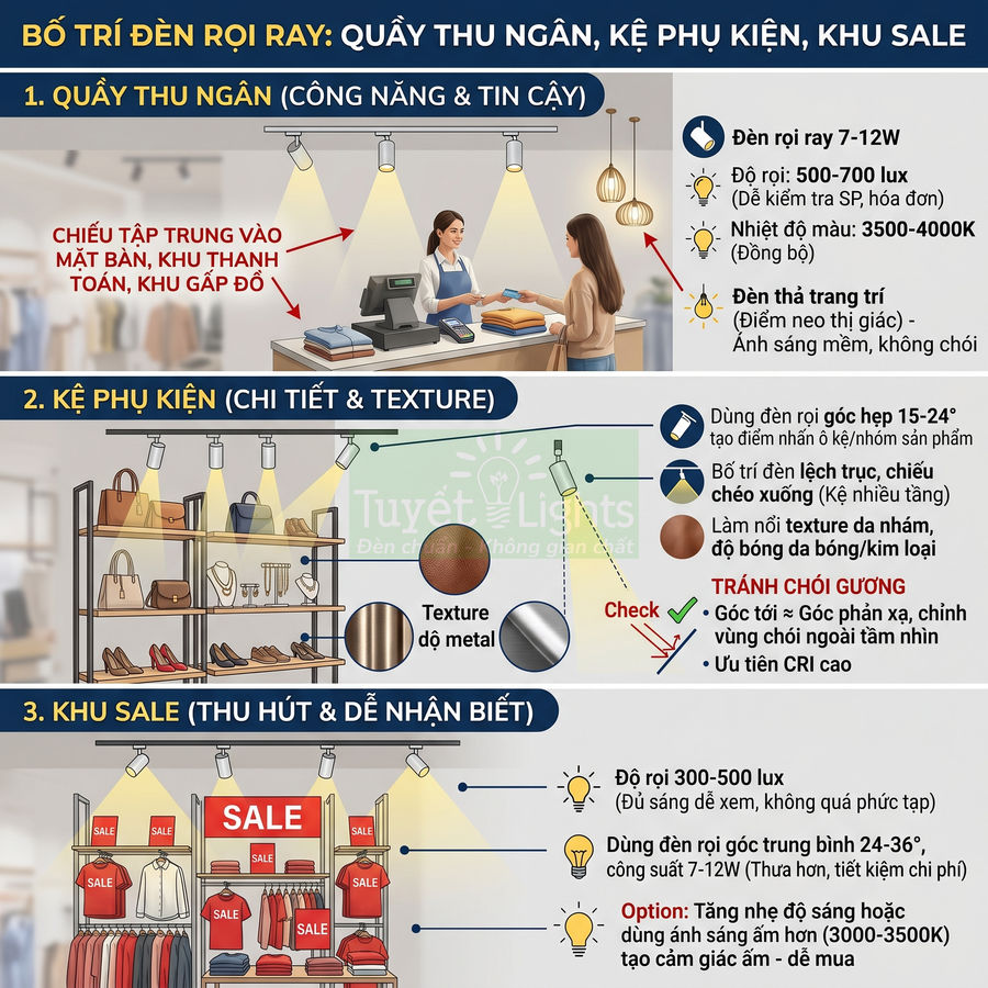 Bố trí đèn rọi ray chiếu sáng quầy thu ngân, kệ phụ kiện và khu sale trong cửa hàng thời trang