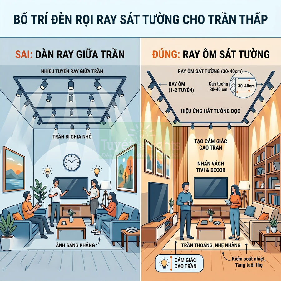 So sánh bố trí đèn rọi ray giữa trần và sát tường cho phòng khách trần thấp, minh họa cách lắp đúng và sai