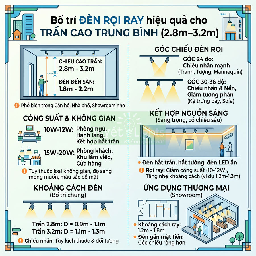 Hướng dẫn bố trí đèn rọi ray trần cao trung bình 2.8m 3.2m với công suất, góc chiếu và khoảng cách lắp đặt